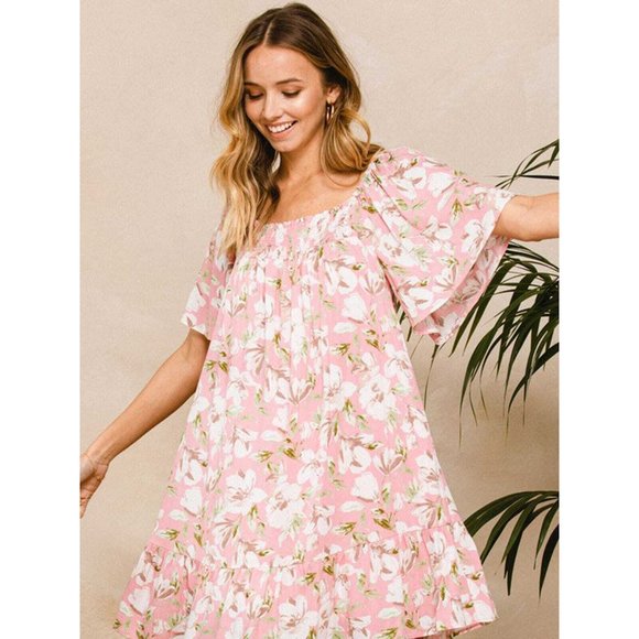 Ces Femme Women's Short Sleeve Tunic Smock Neck Bohemian Floral Dress Print New - Picture 2 of 3